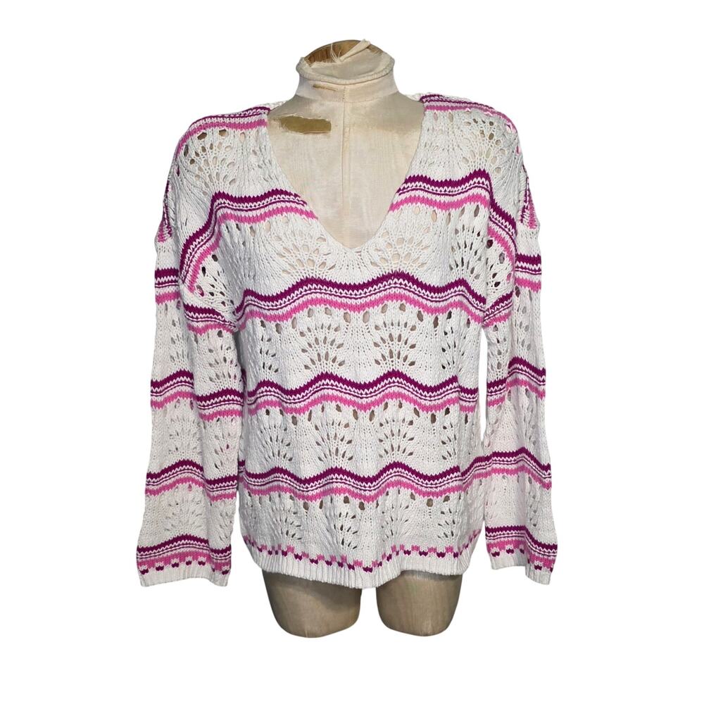 Loft Womens‎ Sweater Knit Size Medium Pink White striped v neck